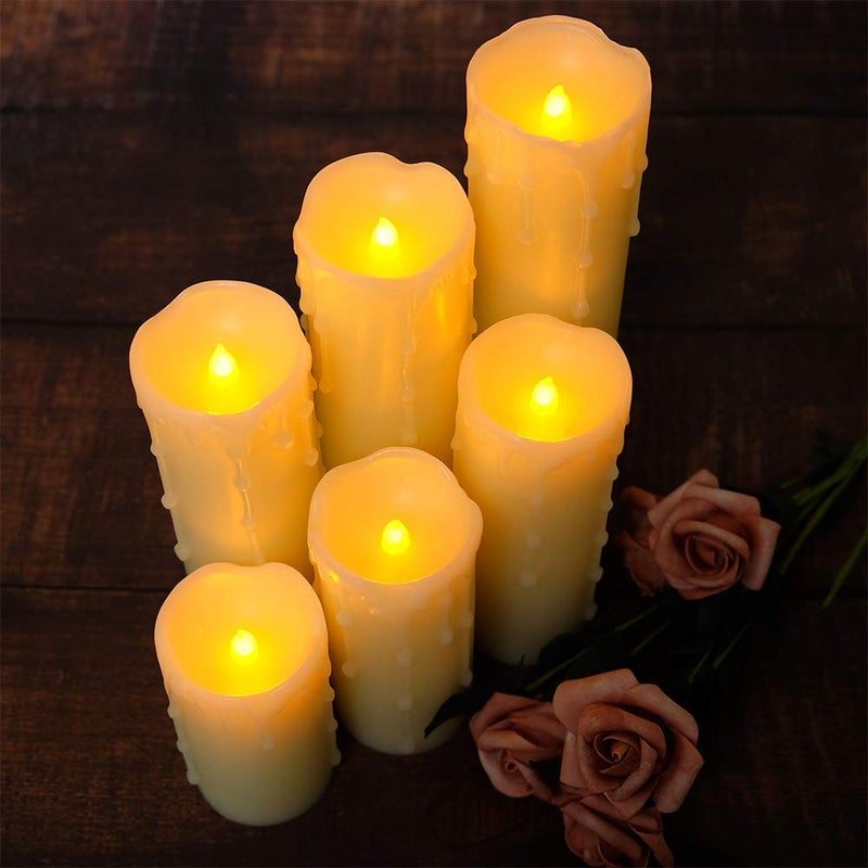 DRomance Flameless Flickering Candles Battery Operated with Remote and Timer, Set of 6 Dripping Wax LED Pillar Candles Halloween Christmas Holiday Indoor Decor(Ivory, 2.2 x 4-9 Inches) - Image 4